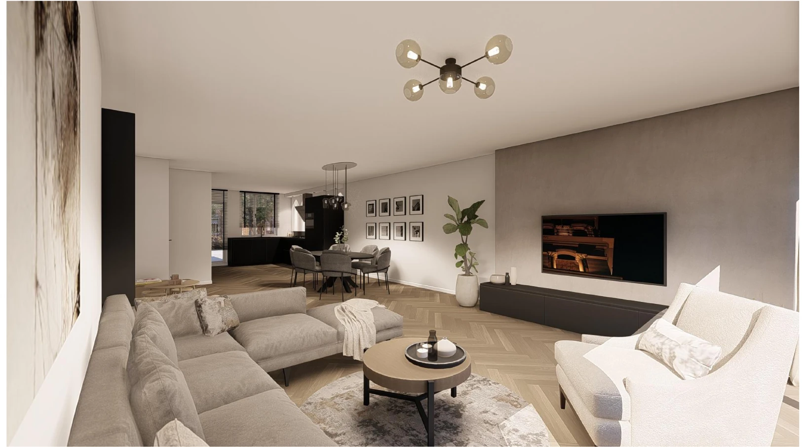 Ontwerpimpressie van de woon- en eetruimte